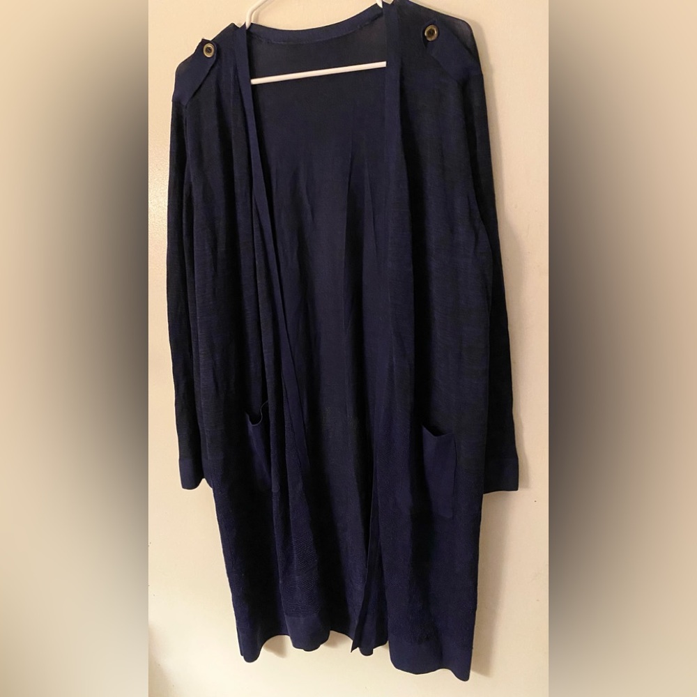 Chico’s Long Line Navy Blue Cardigan Duster Mix Stitch XL